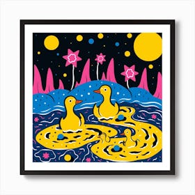 Duckling Colourful In The Pond Linocut Style 2 Art Print