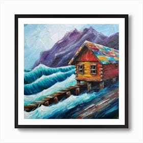 Acrylic and impasto pattern, mountain village, sea waves, log cabin, high definition, detailed geometric 10 Art Print
