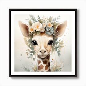 Baby Giraffe With Flowers Art Print