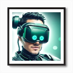 Close up portrait of cyberpunk warrior of the future in green virtual reality glasses on blue digita-1 Art Print