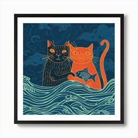 Cat And Fish 7 Art Print