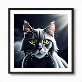 A Cat With Green Eyes On A Dark Background Art Print