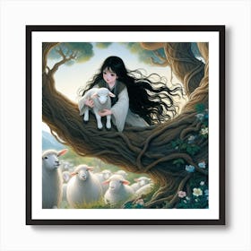 Beautiful young girl with long black shiny hair rescuing a little lamb. Art Print