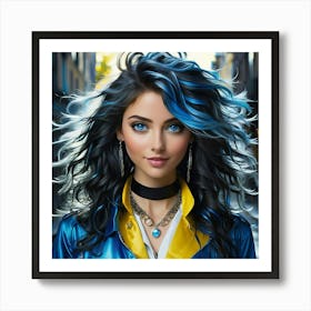 Masterpiece A Captivating Portrait Of A Young Woman With Long Flowing And Messy Blue Streaked H (2) Art Print