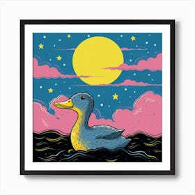 Duckling Under The Stars Linocut Style 1 Art Print