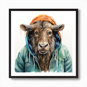 Watercolour Cartoon Wildebeest In A Hoodie 6 Art Print