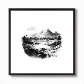 Tranquil River And Mountain Sketch 1 Art Print