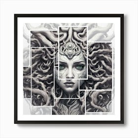 Monochrome portrait of a Medusa like human figure Art Print