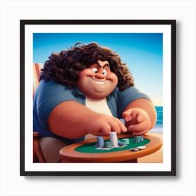 Fat man plays poker in the beach Art Print