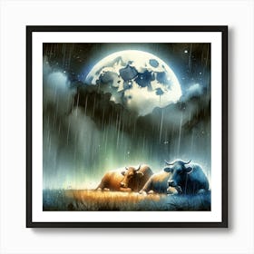 Cows Under The Moon 1 Art Print