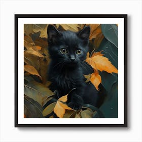 Black Kitten In Autumn Leaves 4 Art Print