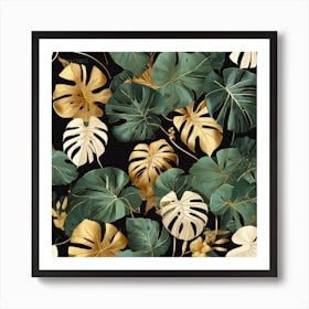 Golden and green leaves of Monstera 2 Art Print