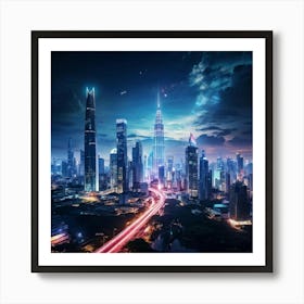 Bangkok Cityscape Set In A Futuristic Era Skyscrapers Ablaze With Neon Lights Merging Seamlessly W Art Print