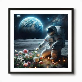 Astronaut On The Moon With Flowers Art Print