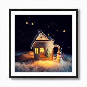 Firefly Cup, Cozy, Miniature, House, Illuminated, Windows, Snowy, Landscape, Snowman, Winter, Warmth (1) Art Print