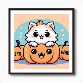 Cute Cat On Pumpkin Halloween Kawaii Anime Cartoon Design Art Print