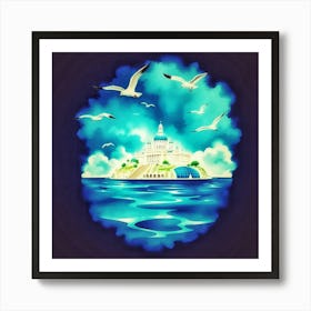 Seagulls Flying Over Island Art Print