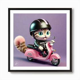 Cat Riding Pink Scooter 1 Art Print