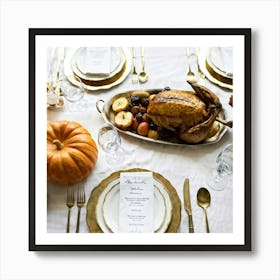 An Old World Thanksgiving Feast Waiting To Unroll In Watercolor Vintage Table Setting With Metallic (2) Art Print