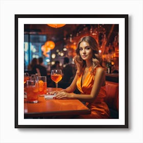 Beautiful Woman In Orange Dress In A Bar 4 Art Print