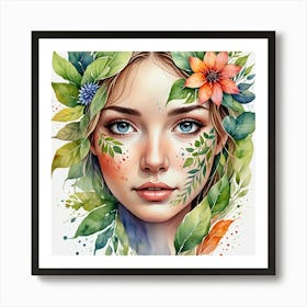 Watercolor Of A Girl With Flowers 1 Art Print