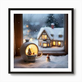 Macro Photo Of A Porcelain Cup Cradling A Miniature House Windows Aglow With Warm Lights Nestled A Art Print