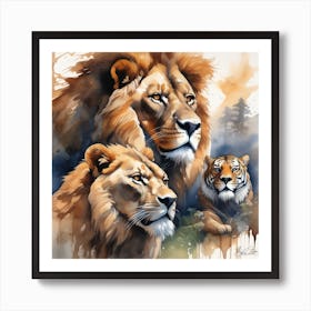 Original Watercolor Masterpiece Depicting Majestic Lions Fierce Tigers  Art Print