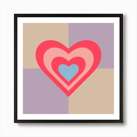 LOVE HEARTS CHECKERBOARD Single Retro Valentines in Red Pink Blue on Beige Lavender Purple Geometric Grid Art Print