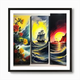 hree different vertical panels, ocean sea ⛵ ships 8 Art Print