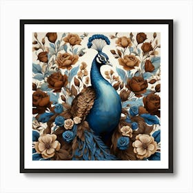 Floral Blue Brown Peacock Art Print Art Print