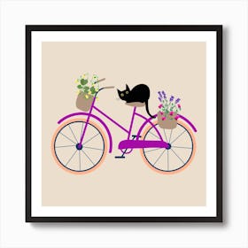 Cat Bicycle Flowers Drawing Boho Bohemian Minimalist Nature Art Print