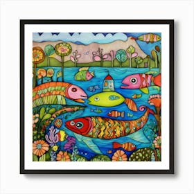 Art Drawing See And Fish Scene Folk Art Style Insp (2) 2024 05 01t200217 Art Print