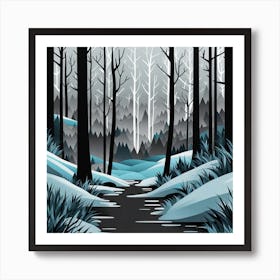 Winter Forest, Forest, forest  illustration, forest in winter, forest vector art, forest painting, dark forest, landscape painting, nature vector art, Forest Sunset art, trees, pines, spruces, and firs, black, blue and white Art Print