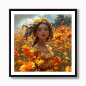 Girl In A Field Of Mexican Marigold Flowers Art Print