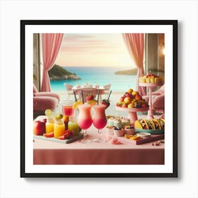 Pink Table With Drinks At The Beach Art Print