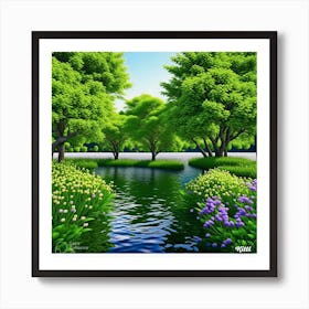 Lake With Trees And Flowers Art Print