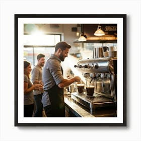 Barista Swiftly Spinning Pouring Water Into A Gleaming Espresso Machine Amidst Morning Rush In Bu (4) Art Print