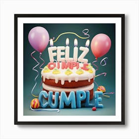 Feliz cumple and Feliz cumpleaños sign means Happy Birthday in Spanish language, Birthday party celebration gift with birthday cake candle colorful balloons best congratulation over light background wall artFeliz Cumple Cumple Art Print