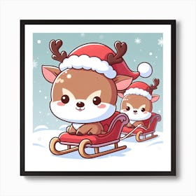 2 Cute Reindeer In A Sleigh Illustration Art Print