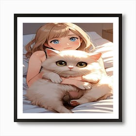 Anime Girl Hugging A Cat Art Print