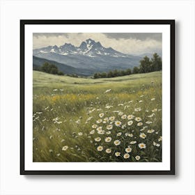 Vintage Oil Painting of Wild Flowers in a Meadow, Mountains in the Background 14 Art Print