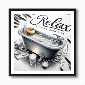 Relax, it’s Bath Time: A Realistic Drawing of a Bathtub with a Rubber Duck, a Candle, and a Book Art Print