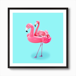Flamingo On Vacation Square Art Print