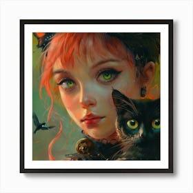 Girl With Cat Art Print