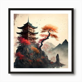 Temple Japan Nature Kyoto Landscape Mountain Japanese Lake Digital Art Painting Art Print