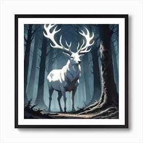 A White Stag In A Fog Forest In Minimalist Style Square Composition 2 Art Print