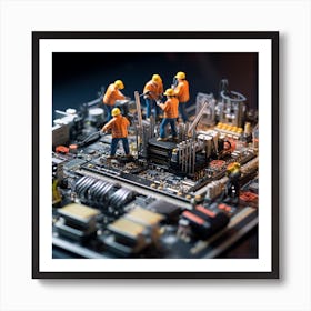 Miniature Workers On A Computer Motherboard Art Print