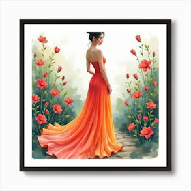 Elegant Lady In Watercolor Gown, Vibrant Botanical Garden 1 Art Print