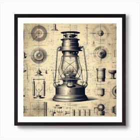 Vintage Lantern With Blueprints Art Print