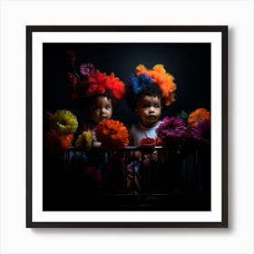 Two Little Girls In A Basket Art Print